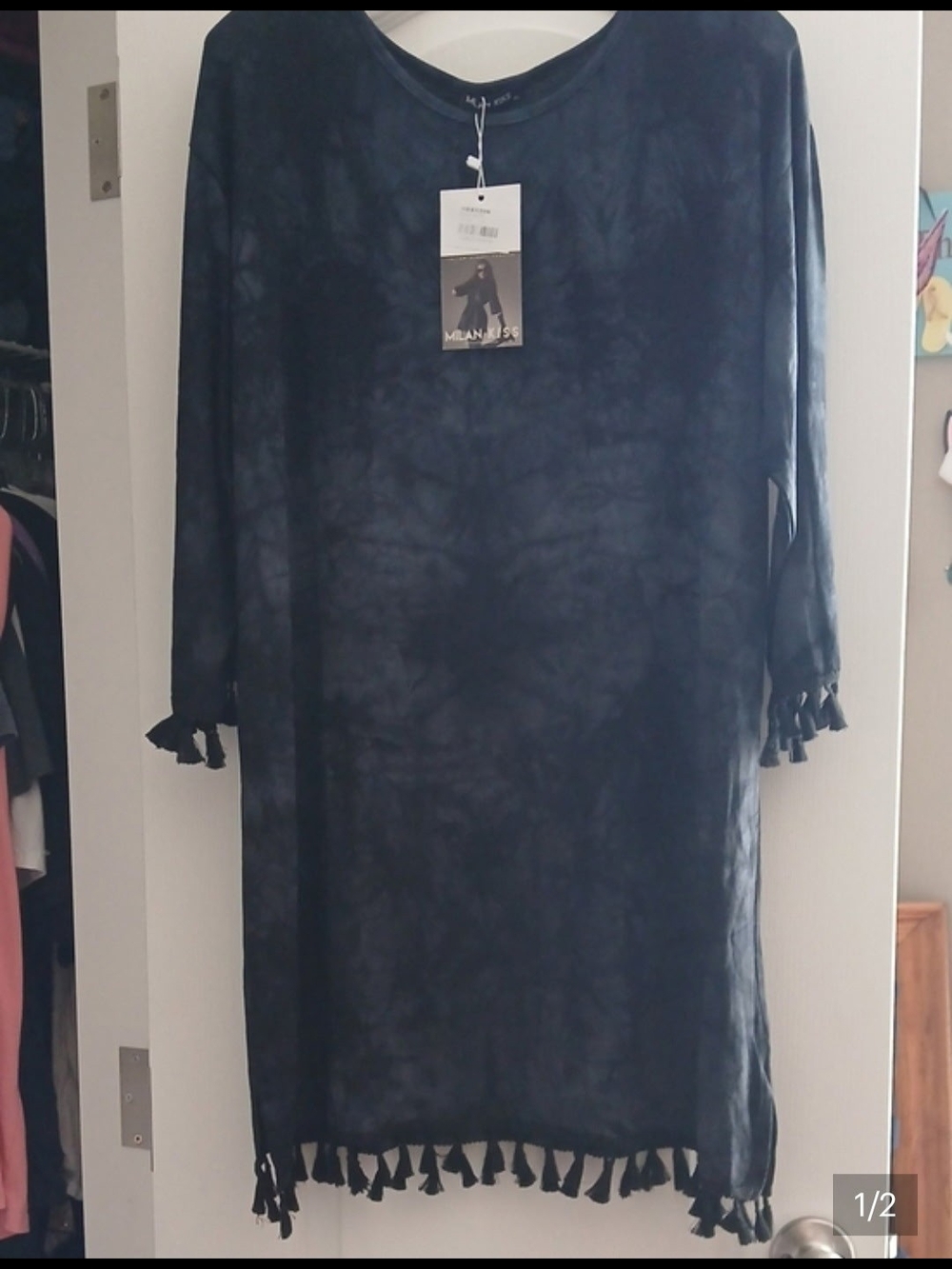 Milano Navy Tie-Dye Tassel Hem Long-Sleeve Dress